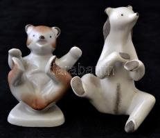 Medvék, 2 db porcelán figura (egyik Drasche), kézzel festett, jelzéssel és jelzés nélkül, hibátlan, m: 6,5 és 9 cm