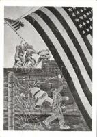 1945 KZ. Mauthausen. Anniversary of the Liberation / Mauthausen Concentration Camp memorial art postcard with American flag s: Simon Wiesenthal (Jewish Austrian Holocaust survivor)