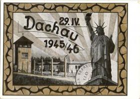 1945/46 Dachau. Gedenkkarte zum Tag der Befreiung des KZ. Dachau / Dachau concentration camps liberation memorial postcard with Statue of Liberty from New York. So. Stpl (EK)
