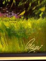 Rengei László (?-): Füvészkertben tavasszal. Olaj, farost, jelzett, keretben, 50×70 cm