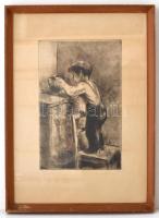 Iván Szilárd (1912-1988): Kíváncsi. Rézkarc, papír, jelzett, üvegezett keretben, 29×19 cm