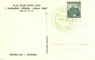 1938 Léva, Levice; Mestsky dom / Városháza este kivilágítva, Vámos, Trebitsch, Singer üzlete / town ...