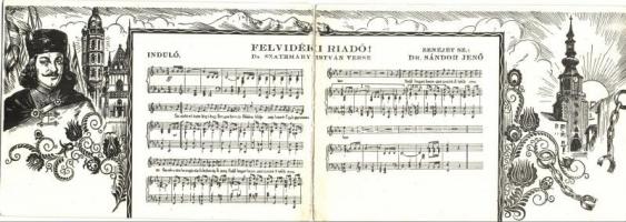 Felvidéki riadó! Rákóczi Ferenc induló kottával. Kihajtható képeslap. Magyar Nemzeti Szövetség kiadása / Hungarian irredenta marching song with music sheet, folding card. s: Zsolt (r)