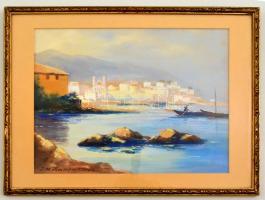 Francoiz jelzéssel: Mediterrán város a tengernél. Akvarell, papír, üvegezett keretben, 23×30 cm