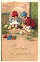 Children playing with chickens, Easter greeting; A. R. Nr. 1381. s: Pauli Ebner