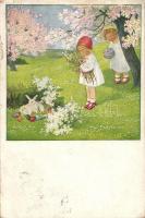 Easter greeting, children with rabbits in the garden; M. M. Nr. 1209. s: Pauli Ebner (EK)