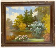 Tordai Székely Mihály (1890-1940): Kerti idill, olaj, vászon, jelzett, sérült fa keretben, 47×58 cm
