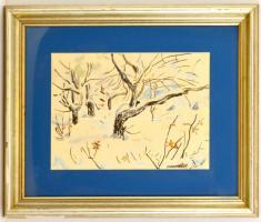 Farkasházy Miklós (1895-1964): Téli táj, akvarell, papír, jelzett, paszpartuban, üvegezett fa keretb...