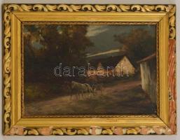 Pállya Carolus (1875-1930): Lovasszekér. Olaj, falemez (sérült), jelzett, keretben,  27×40 cm