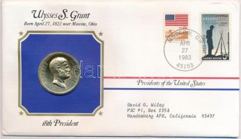 Amerikai Egyesült Államok 1983. Ulysses S. Grant aranyozott fém emlékérme, borítékban, bélyegzéssel T:1 USA 1983. Ulysses S. Grant gold plated commemorative medallion in envelope, with stamp and cancellation T:UNC