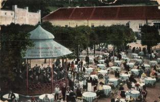 Trencsénteplic, Trencianske Teplice; Fő tér a zenepavilonnal, étterem, pincérek. Kiadja Wertheim Zsimond / Hauptplatz mit Musikpavillon / main square, music pavilion with music band, restaurant, waiters (kopott sarkak / worn corners)