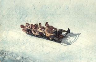 Bobsleigh-Rennen. In vollen Fahrt / Winter sport, Bobsleigh race. four-men controllable bobsleigh in full speed