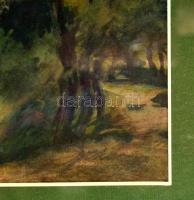 Olvashatatlan jelzéssel: Vasút a vízparton, akvarell, papír, paszpartuban, üvegezett fa keretben, 29...