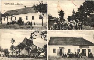 Zsitvafödémes, Fedymes nad Zitavou, Úlany nad Zitavou; Hostinec, Potravny Spolok / Fő utca, Római katolikus templom, vendéglő, étterem és szövetkezeti üzlet / main street, Catholic church, cooperative shop and restaurant (EK)