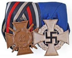 Német Harmadik Birodalom 1934. Első Világháborús Érdemkereszt 1914-1918 kitüntetés szalaggal, harcolóknak, hátoldalán 7 R.V. PFORZHEIM jelzéssel + 1938. Szolgálati Érdemérem 2. osztálya 25 éves szolgálat után ezütözött fém kitüntetés eredeti mellszalagon; a két kitüntetés összefűzve T:2  German Third Reich 1934. The Honour Cross of the World War 1914-1918 decoration with ribbon for combatants with 7 R.V. PFORZHEIM mark on reverse + 1938. Faithful Service Medal, 2nd Class, after 25 Years silver plated metal decoration with original ribbon; the two decorations are sewn together C:XF