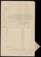 1939 Dr. Szőnyi Gyula miniszteri osztálytanácsosi kinevezése, Teleki Pál (1879-1941) miniszterelnök aláírásával, szárazpecséttel, 34x42 cm