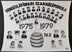 1979 Budapest, Vendéglátóipari Szakközépiskola tanárai és végzett növendékei, kistabló nevesített portrékkal, 24x30 cm