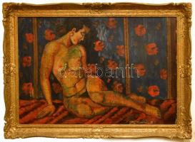 Jelzés nélkül: Női akt, olaj, karton, díszes fa keretben, 71×104 cm