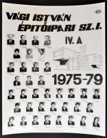 1979 Budapest, Vági István Építőipari Szakközépiskola tanárai és végzett növendékei, kistabló nevesített portrékkal, 30x24 cm