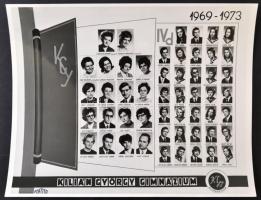 1973 Budapest, Kilián György Gimnázium tanárai és végzett növendékei, kistabló nevesített portrékkal, 24x30 cm