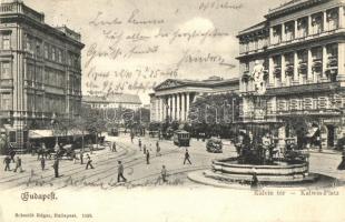 1901 Budapest VIII. Kálvin tér, villamosok, szökőkút, Barakovits testvérek üzlete