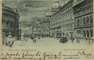 Budapest VIII. József és Erzsébet körút, Hotel Rémi szálloda, M. kir. Technológiai Iparmúzeum, villamosok, tél. D. Halberstadt kiadása (vágott / cut)