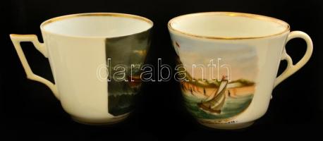 cca 1900 Marienhöhe és Seeturm zu Norderney bögre, egyik jelzett, kézzel festett, kopott aranyozássa...