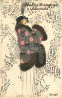 Boldog Karácsonyi Ünnepeket! / Art Nouveau lady, B.K.W.I. 3090-2. s: Mela Koehler (fl)