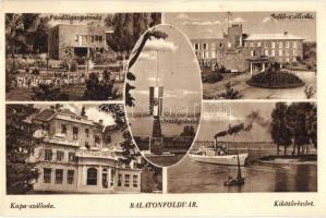 Balatonföldvár, Fürdőigazgatóság, Sellő szálloda, Kupa szálloda, Országzászló, Kikötő gőzhajóval