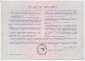 Budapest 1991. "Országos Kárrendezési és Kárpótlási Hivatal" kárpótlási jegye 10.000Ft-ról...