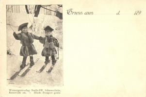 ~1899 Gruss aus... Wintersportverlag Berlin SW. Schneeschuhe, Rennwölfe etc. - Illustr. Prospect gratis / Winter sport, skiing children art postcard s: Feisch