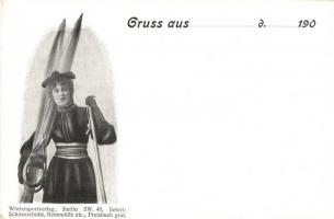 ~1900 Gruss aus... Wintersportverlag Berlin SW. 46. liefert: Schneeschuhe, Rennwölfe etc. Preisbuch grat. / Winter sport, skiing lady art postcard
