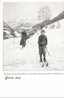 Gruss aus... Schneeheil! Wintersportverlag Berlin SW. 46. liefert: Schneeschuhe, Rennwölfe etc. Illustr. Brochure gratis / Winter sport, skiing art postcard