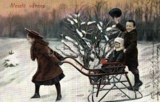 Veselé vánoce / Christmas greeting art postcard with sled drawn by a girl (EK)