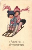 Hartelyk Gefeliciteerd / Birthday greeting art postcard, sleighing couple. litho (EK)