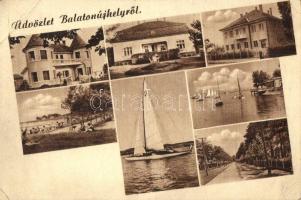 Balatonújhely (Siófok), villa, strand, fürdőzők, vitorlás (EB)
