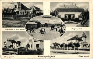 Balatonújhely (Siófok), Rózsabimbó és Péch nyaraló, Fenyves penzió, László nyaraló, Ilona nyaraló, Fövenyfürdő, villa, mérleghinta, libikóka, napozók (fa)