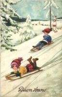 Buon Anno / New year greeting art postcard, sledding children (EK)