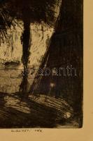 Élesdy István (1912-1987): Szigligeti vár, rézkarc, papír, jelzett, üvegezett fa keretben, 29×39 cm