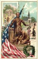 Emancipation with American flag. Raphael Tuck & Sons Postcard Series No. 155. Lincolns Birthday, Emb. litho
