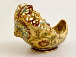 Zsolnay historizáló áttört jardiniere, kézzel festett porcelánfajansz, apró kopással, jelzett (TJM) ...