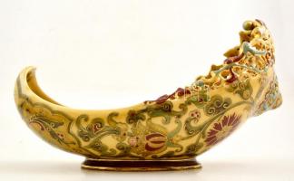 Zsolnay historizáló áttört jardiniere, kézzel festett porcelánfajansz, apró kopással, jelzett (TJM) ...