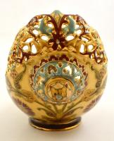 Zsolnay historizáló áttört jardiniere, kézzel festett porcelánfajansz, apró kopással, jelzett (TJM) ...