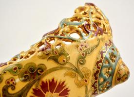 Zsolnay historizáló áttört jardiniere, kézzel festett porcelánfajansz, apró kopással, jelzett (TJM) ...