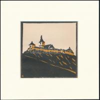 Kós Károly (1883-1977): Templom, színes linómetszet, papír, jelzés nélkül, paszpartuban, 10×10 cm