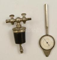 Szamovárdugó és régi fém mérőműszer, h: 8,5 és 11 cm