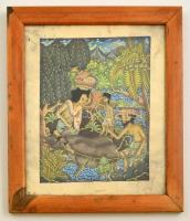 Jelzés nélkül: Balinéz folklór festmény. Akvarell, papír. 16x16 cm Üvegezett keretben. Foltos paszpartuval.