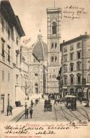 Firenze, Florence; Via dei Pecori, Duomo / street view, cathedral, bell tower, horse-drawn tram
