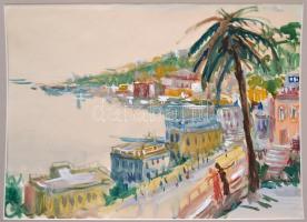 Jelzés nélkül: Mediterrán tengerparti város. Akvarell, papír, 29×40 cm