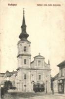 1915 Budapest I. Tabán, Római katolikus templom, villamos, üzlet (EK)